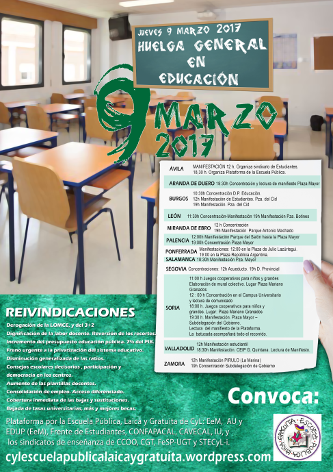 Huelga general de educación el 9 de marzo: informaciones y convocatorias en CyL